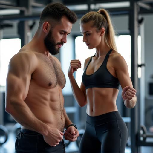 A personal trainer guiding a client with weights.